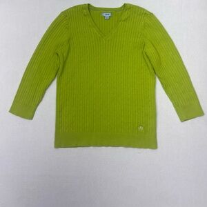 Izod Women's V-Neck Cable Knit Sweater 3/4 SL Lime Green LG PREPPY